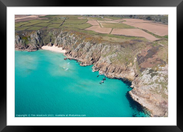 Aerial photograph of Porthcurno Beach nr Lands End, Cornwall, En Framed Mounted Print by Tim Woolcock