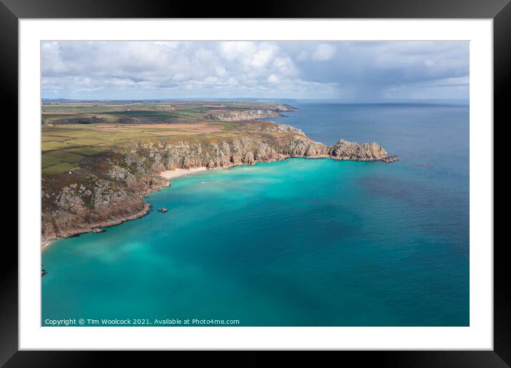 Aerial photograph of Porthcurno Beach nr Lands End, Cornwall, En Framed Mounted Print by Tim Woolcock