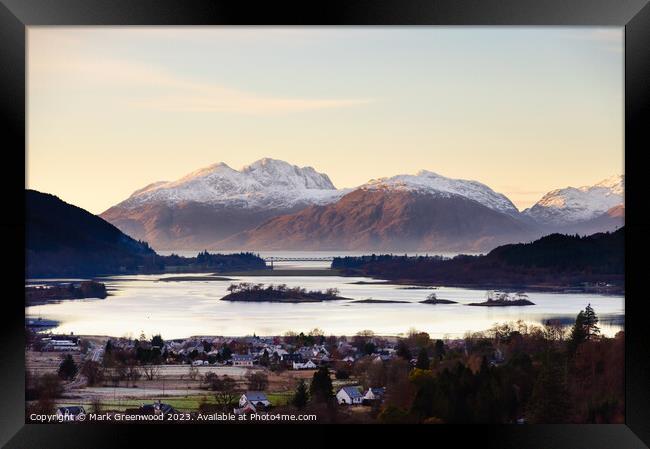 Glencoe Village and The Mountains of Ardgour Framed Print by Mark Greenwood