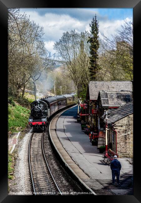 Steam Train approaching Haworth Station Framed Print by Joy Newbould