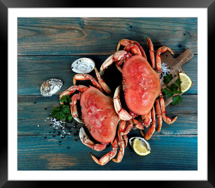 Freshly cooked crab with ingredients in flat lay format for seaf Framed Mounted Print by Thomas Baker