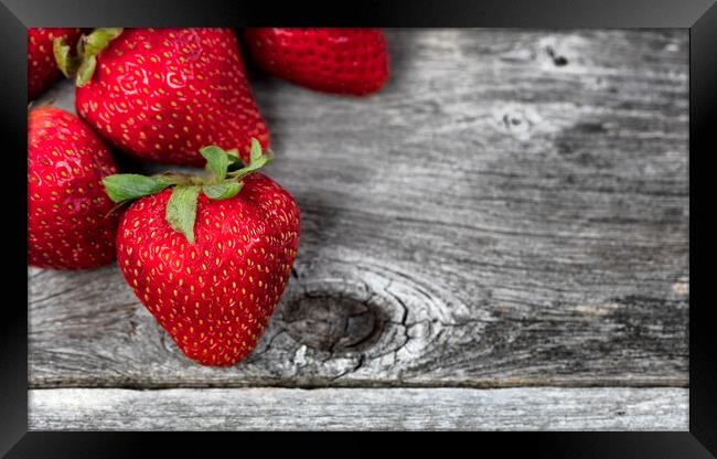 Close up of fresh strawberry fruit on rustic wood Framed Print by Thomas Baker