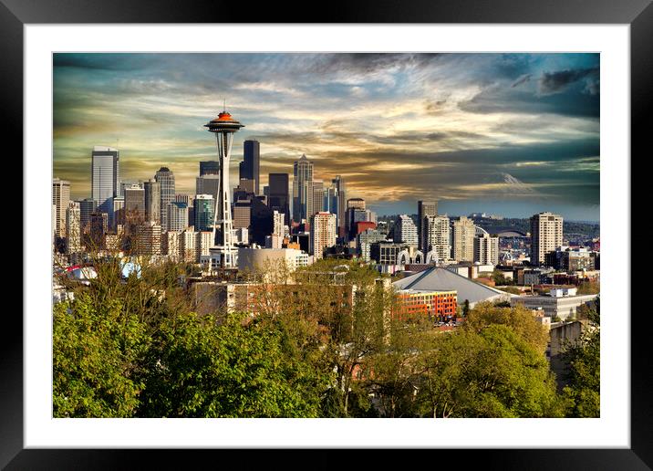 Seattle City Skyline during light sunset  Framed Mounted Print by Thomas Baker