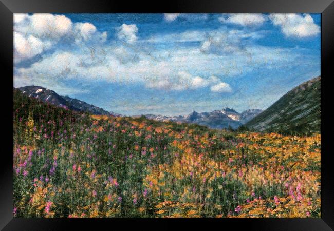 Digital painting of Alaska fireweed flowers in meadow during sum Framed Print by Thomas Baker