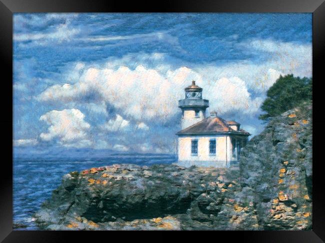 Digital painting of Lighthouse on Puget Sound of Washington Stat Framed Print by Thomas Baker