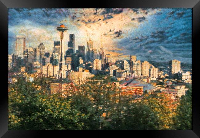 Digital painting of City of Seattle Washington during late summe Framed Print by Thomas Baker