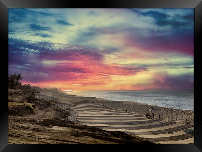 Sunrise over Pacific Ocean with beached cleaned  Framed Print by Thomas Baker
