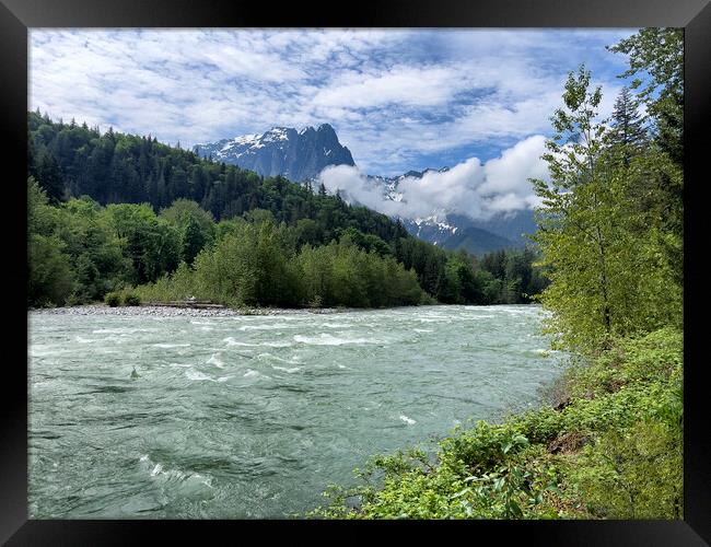 Skykomish river with cascade mountains in background of Washingt Framed Print by Thomas Baker