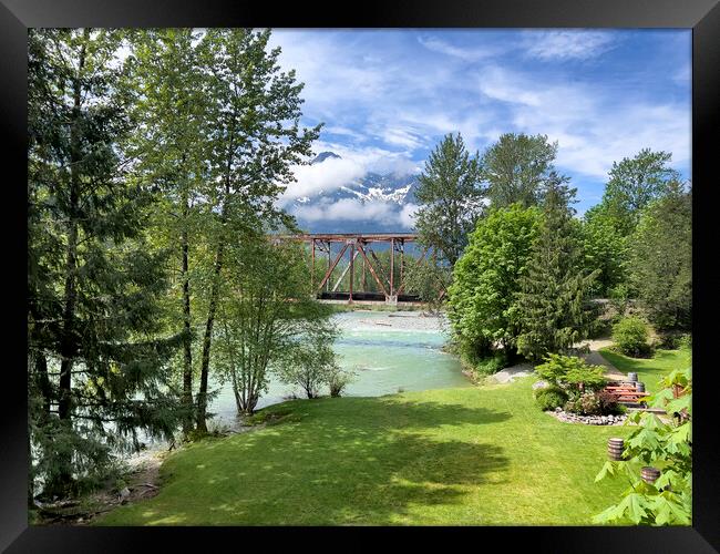 Washington State outdoor park showing bridge with Skykomish rive Framed Print by Thomas Baker