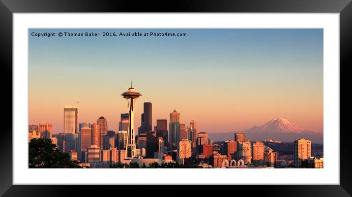 Sunset over the city of Seattle Washington during  Framed Mounted Print by Thomas Baker