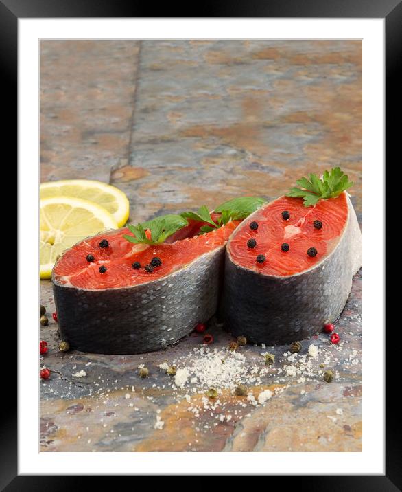 Fresh Raw Salmon Steaks ready for cooking  Framed Mounted Print by Thomas Baker