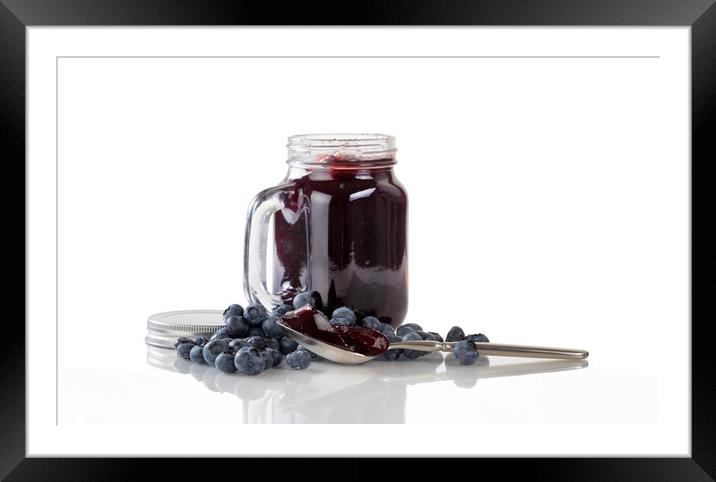 Fresh blueberry jam and berries with glass jar iso Framed Mounted Print by Thomas Baker