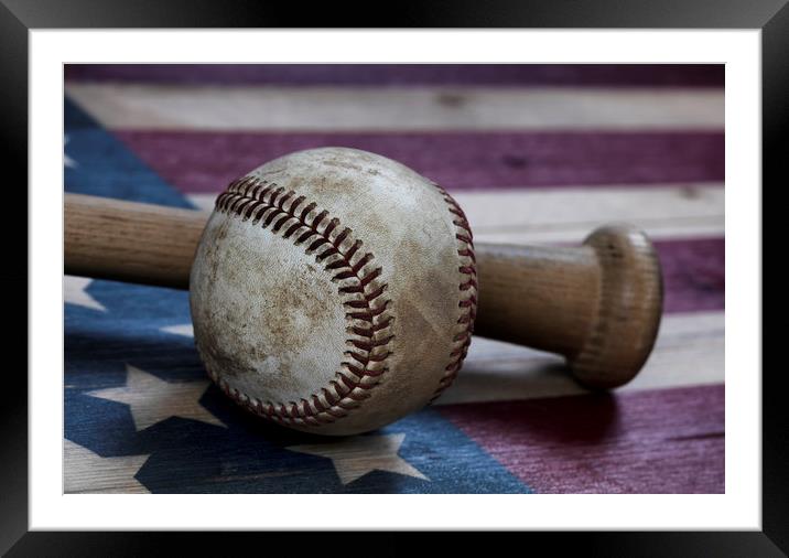 used baseball and traditional wood bat on rustic w Framed Mounted Print by Thomas Baker