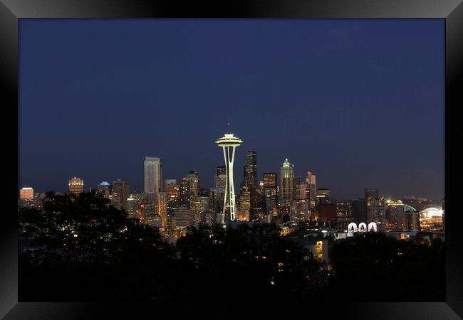 Twilight Skyline of Seattle Washington Framed Print by Thomas Baker