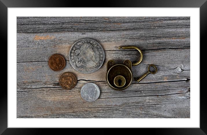 Close up of open antique coins and lock on weather Framed Mounted Print by Thomas Baker