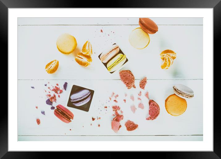 French Macaroons With Tangerine Slices On Table Framed Mounted Print by Radu Bercan