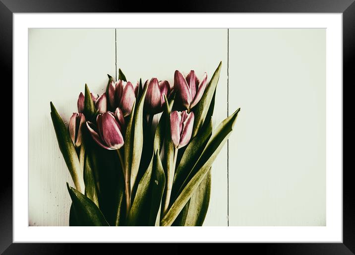 Red Spring Tulips On Wood Table Framed Mounted Print by Radu Bercan