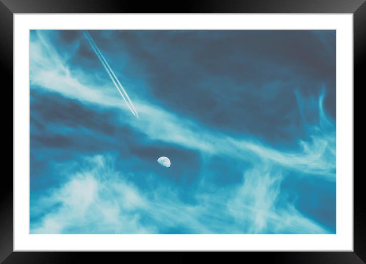 Airplane Flying To The Moon Concept On Blue Sky Framed Mounted Print by Radu Bercan
