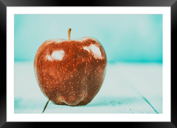 Fresh Red Delicious Apple On Turquoise Wood Table Framed Mounted Print by Radu Bercan