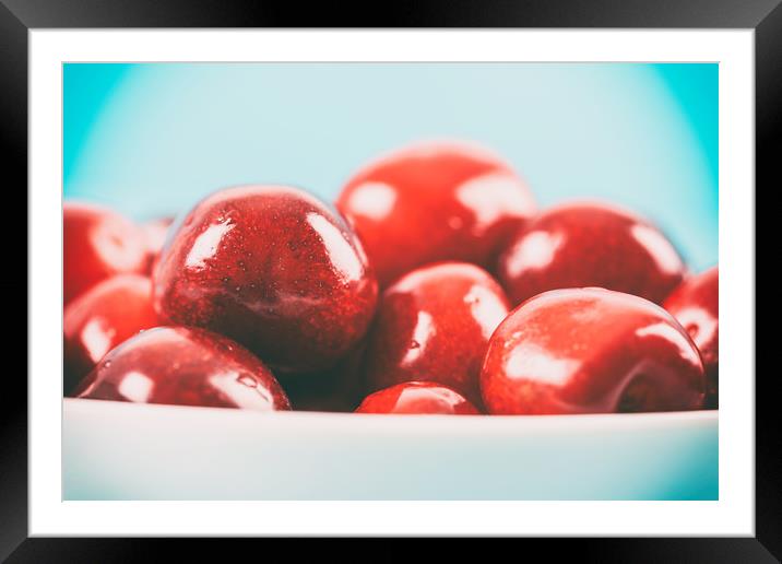 White Bowl Of Fresh Red Cherries Framed Mounted Print by Radu Bercan