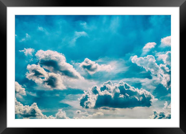 White Cumulus Clouds On Blue Sky Framed Mounted Print by Radu Bercan