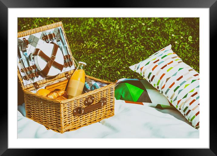 Picnic Basket Food On White Blanket With Pillows I Framed Mounted Print by Radu Bercan