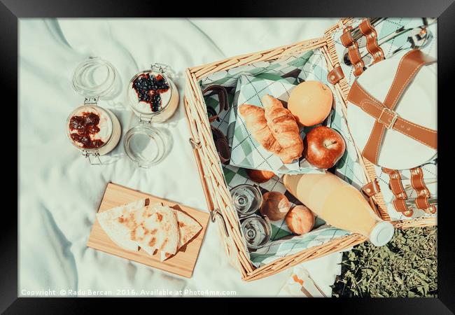 Picnic Basket With Fruits, Orange Juice, Croissant Framed Print by Radu Bercan
