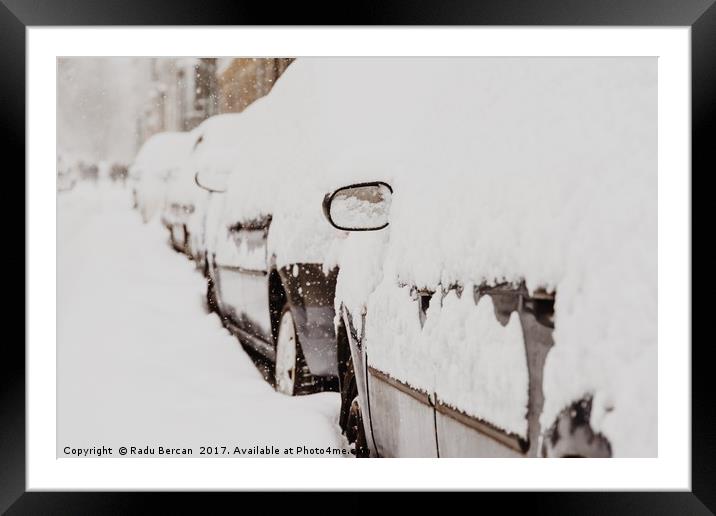 Cars Covered With Fresh White Snow After A Heavy B Framed Mounted Print by Radu Bercan