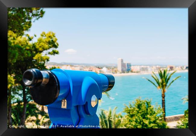 Blue Coin Operated Telescope Of Panoramic Tropical Framed Print by Radu Bercan