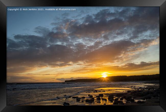 Llantwit Major Beach Setting Sun  Framed Print by Nick Jenkins