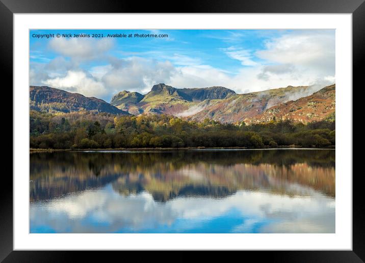 Langdale Pikes reflected in Elterwater Lake  Framed Mounted Print by Nick Jenkins