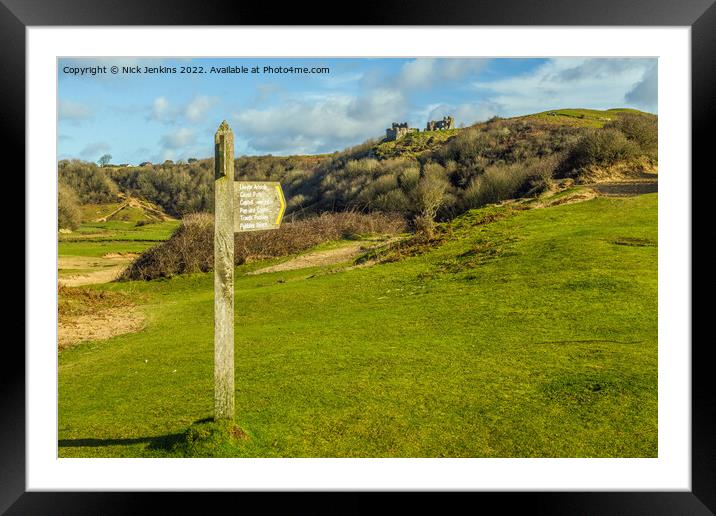 Pennard Castle and Finger Post Three Cliffs Bay Framed Mounted Print by Nick Jenkins
