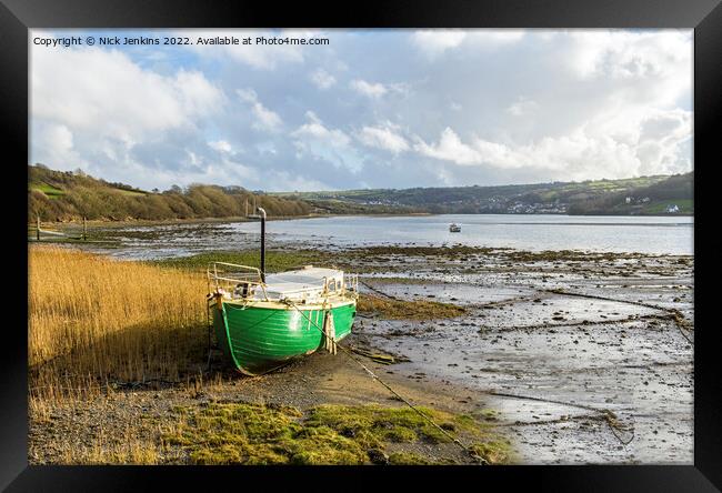 Green moored boat Teifi estuary Cardigan Framed Print by Nick Jenkins