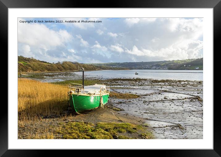Green moored boat Teifi estuary Cardigan Framed Mounted Print by Nick Jenkins