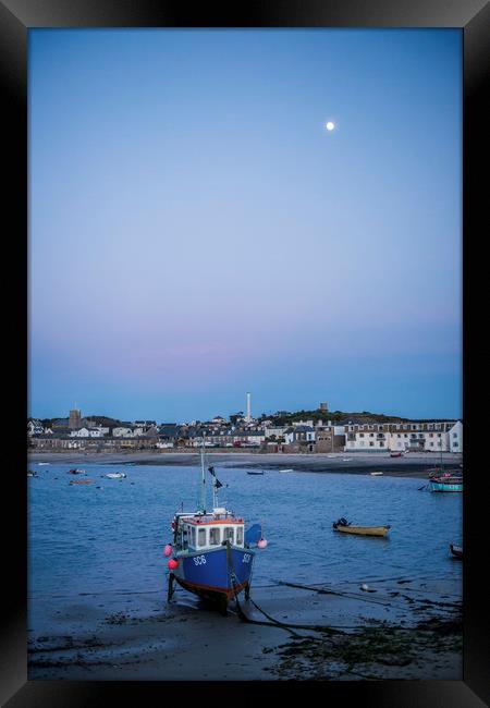 Hugh Town Harbour Isles of Scilly in Moonlight Framed Print by Nick Jenkins