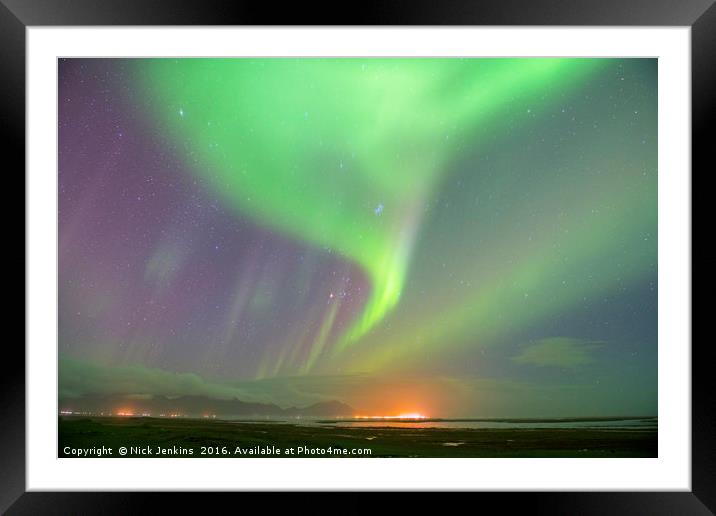 Aurora over south Iceland at the town of Hofn Framed Mounted Print by Nick Jenkins