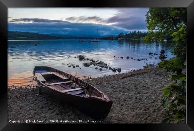 Evening at Lake Windermere Shore with Rowing Boat  Framed Print by Nick Jenkins