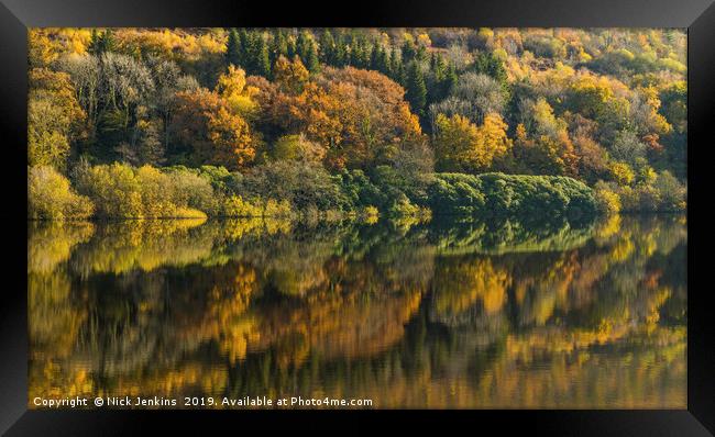 Trees reflected in Talybont Reservoir Brecon Beaco Framed Print by Nick Jenkins