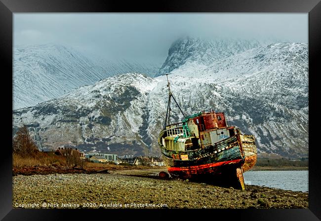 Corpach Wreck beneath Ben Nevis Scotland Winter Framed Print by Nick Jenkins