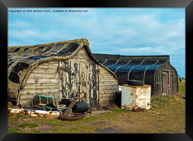 Old Herring Boats now used as sheds on Lindisfarne Framed Print by Nick Jenkins