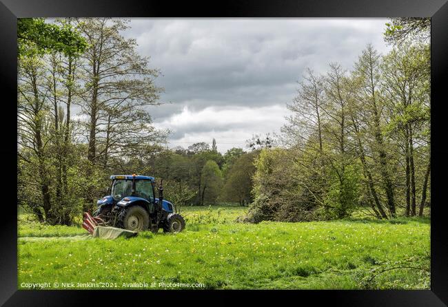 Farmer Cutting Grass in Gloucestershire Meadow Framed Print by Nick Jenkins