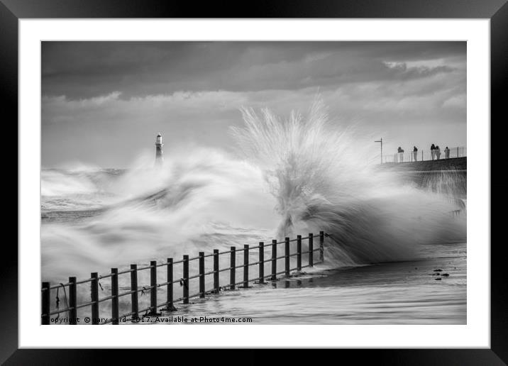 Sunderland seafront with a tidal surge, roker pier Framed Mounted Print by gary ward