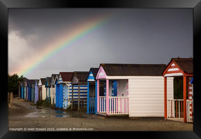 Rainbow over the Beach Huts Framed Print by Heidi Stewart