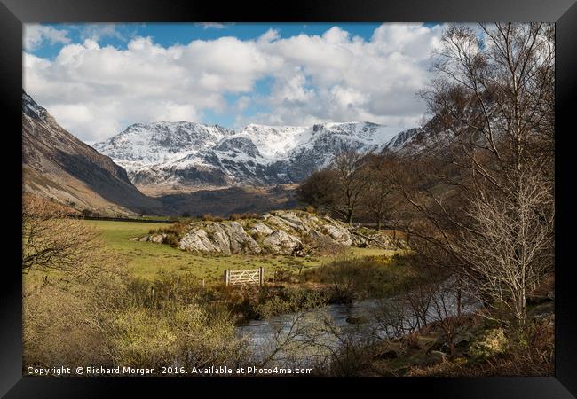 Snow covered mountains in the Ogwen Valley, Snowdo Framed Print by Richard Morgan