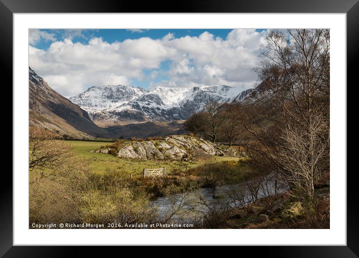 Snow covered mountains in the Ogwen Valley, Snowdo Framed Mounted Print by Richard Morgan