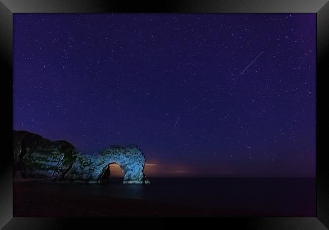 Perseids over Durdle Door Framed Print by Anthony Simpson