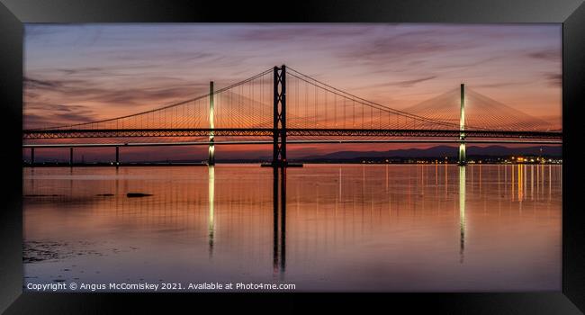Forth Road Bridges at sunset Framed Print by Angus McComiskey
