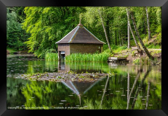Loch Dunmore boathouse in Faskally Forest Framed Print by Angus McComiskey
