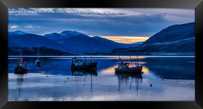 Fishing boats moored on Loch Broom at daybreak Framed Print by Angus McComiskey