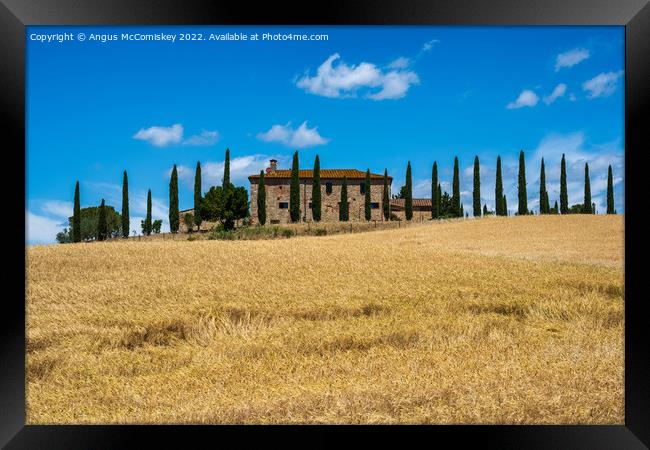 Tuscan stone farmhouse with cypress trees Framed Print by Angus McComiskey